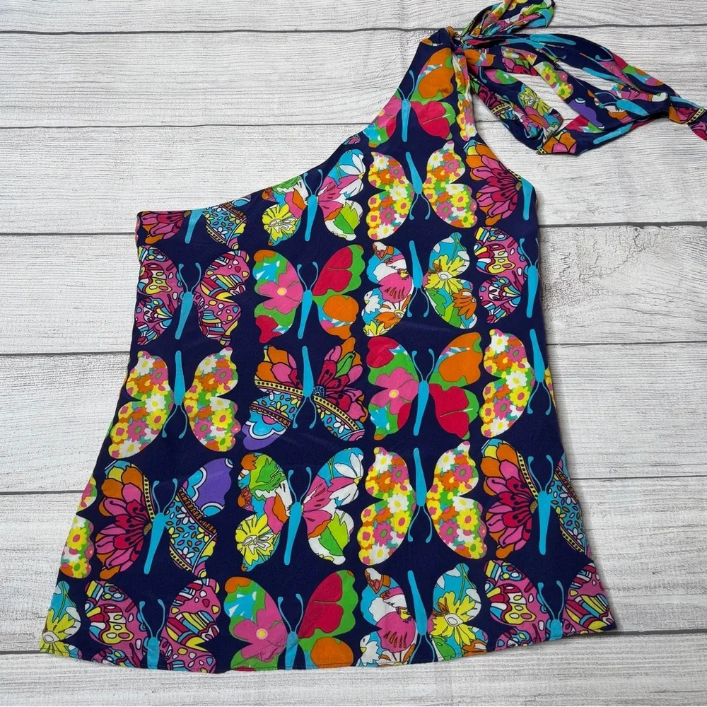 Lilly Pulitzer Roe One Shoulder Bow Blouse Silk Navy Out There Butterfly Size 0